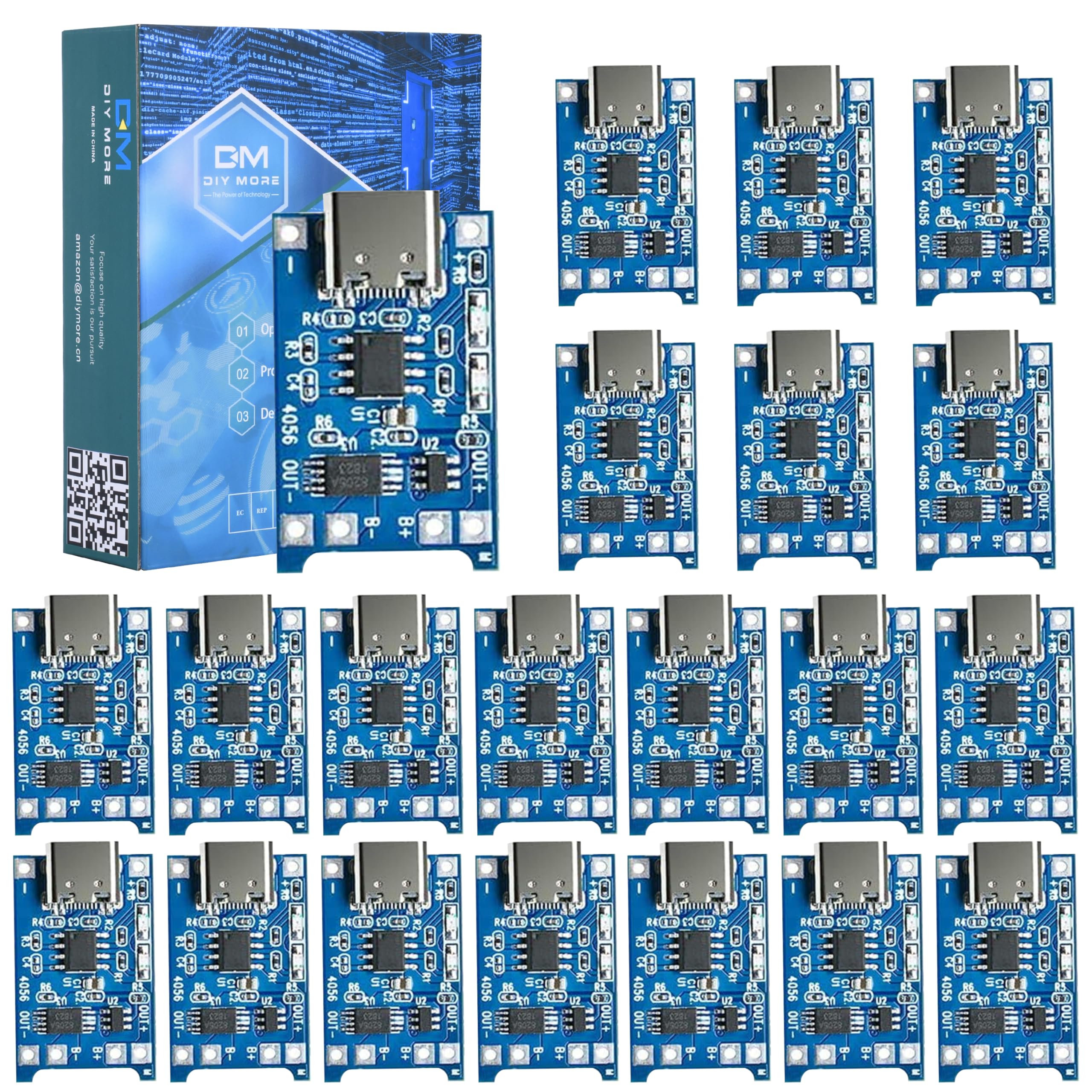 Diymore 20pcs TP4056 Type-C USB 5V 1A 18650 Lithium Battery Charger Module Charging Board with Dual Protection Functions