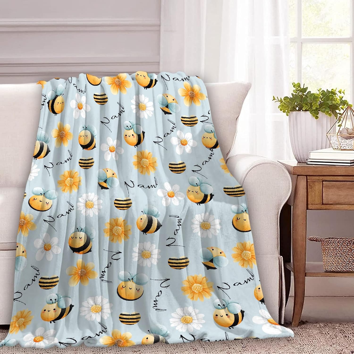 Custom Floral Bee Blanket Personalized Blankets for Sofa/Couch/Bed,Custom Name Blanket for Kids Teens Adults Personalized Gift for Birthday/Christmas/Halloween,60"x80"for Full/Queen