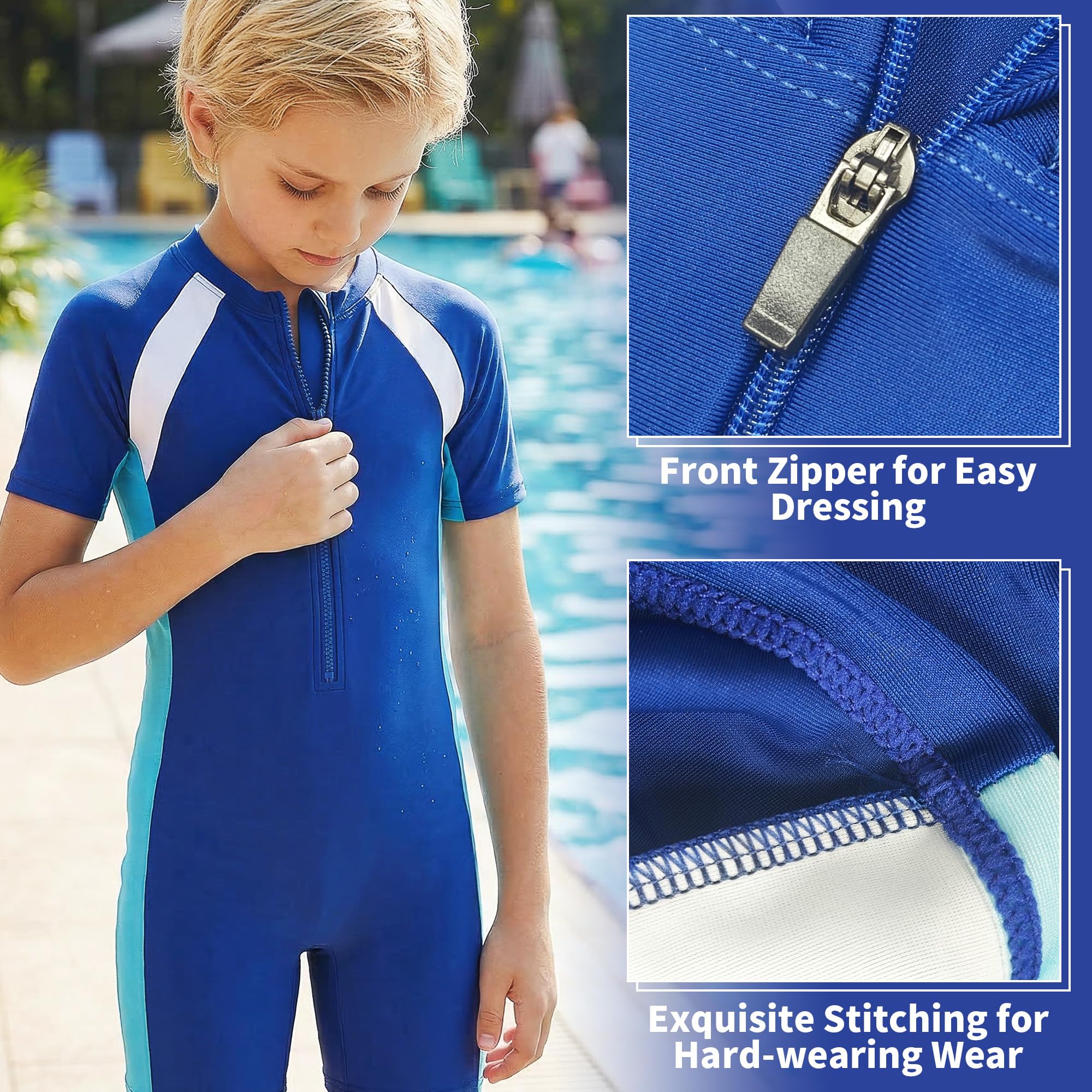 Maillot de Bain Fille et Garçon, Combinaison de Natation Une Pièce à Manches Courtes avec Fermeture Éclair+Bonnet, Enfant Costume de Bain pour Piscine et Plage Été, 4-12 Ans