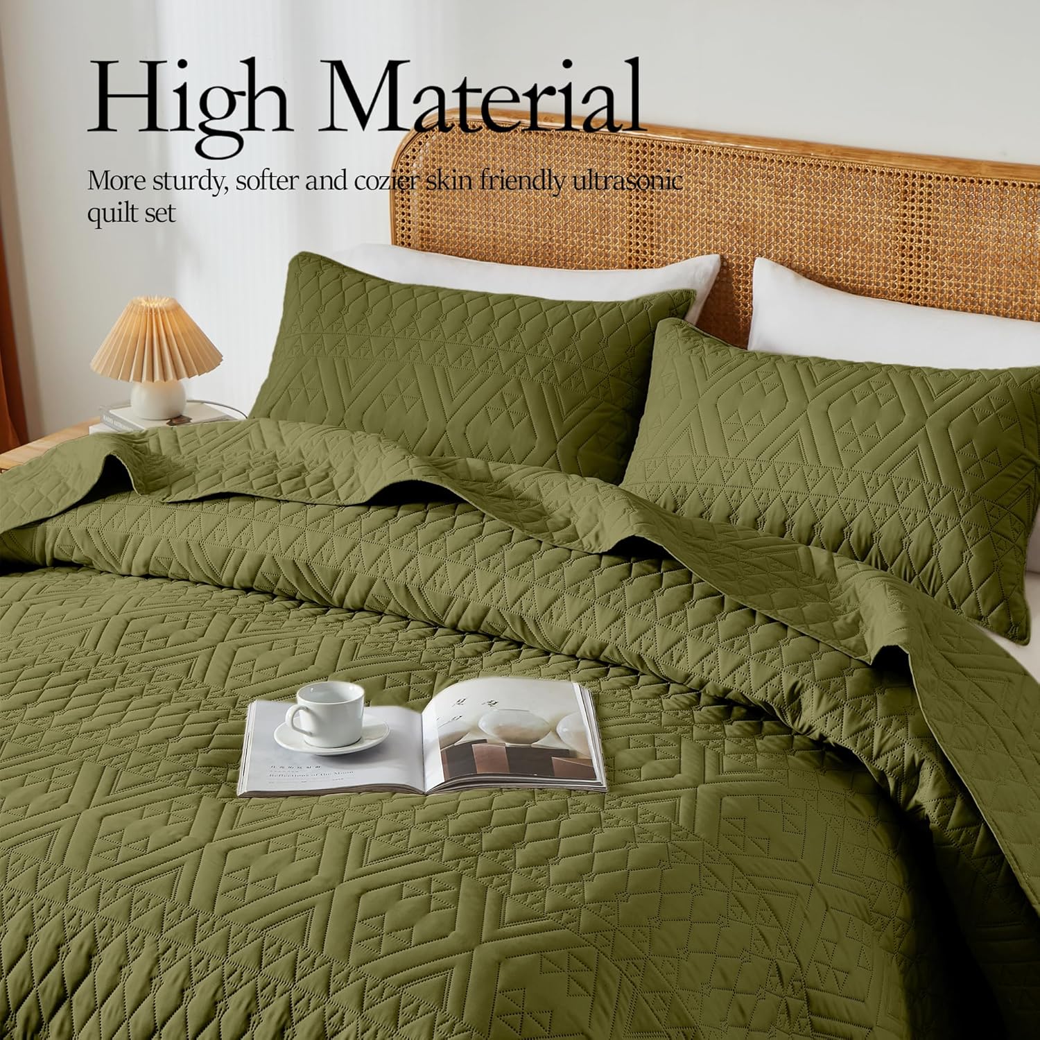 akkialla Full/Queen Size Quilt Bedding Set,Olive Green Lightweight Microfiber Soft Bedspread,Modern Style Geoetric Pattern Coverlet Set for All Seasons,3 Piece(1 Quilt,2 Pillow Shams) - Image 3