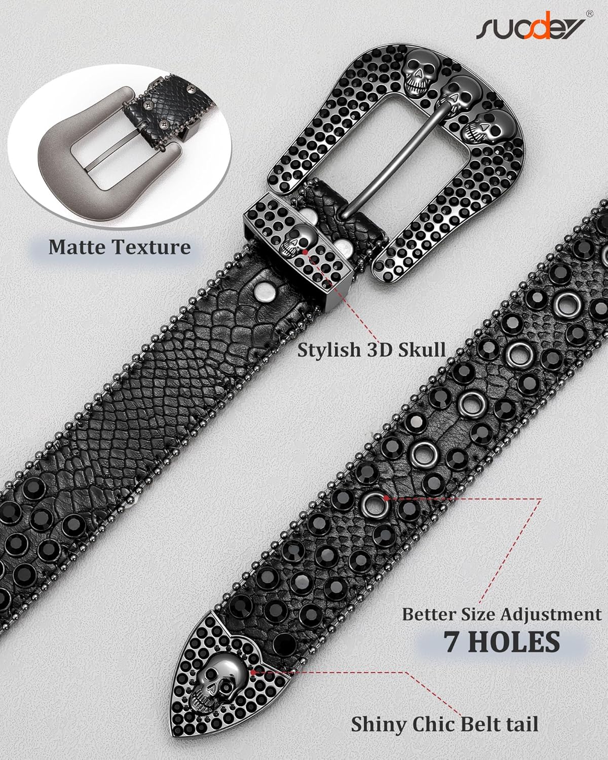 SUOSDEY Rhinestone Skull Belt Men Women Bling Stylish Belt Punk Fashion Studded Leather Belt for Jeans Pants Jacket - Image 4