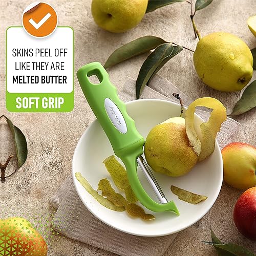Miniatura 4 de Spring Chef Pelador de verduras giratorio de alta calidad, mango de agarre suave y cuchillas de acero inoxidable ultra afiladas perfecto para