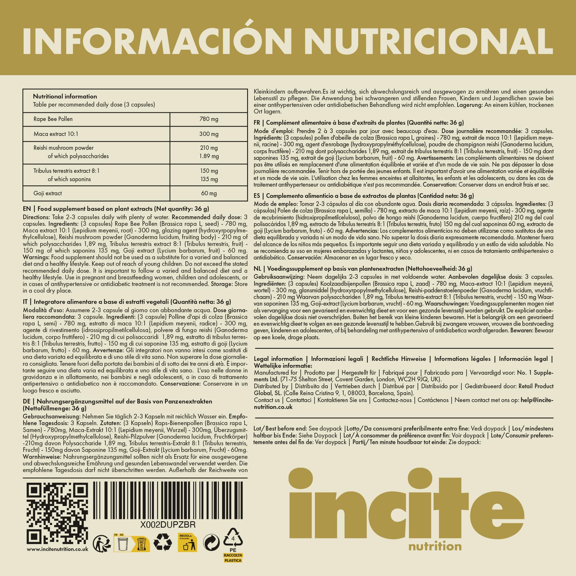 Incite Nutrition Maca Root Complex – 60 cápsulas veganas | Maca negra con reishi, tribulus y bayas de goji – Apoyo a la energía y la vitalidad – Cápsulas de raíz de maca para hombre