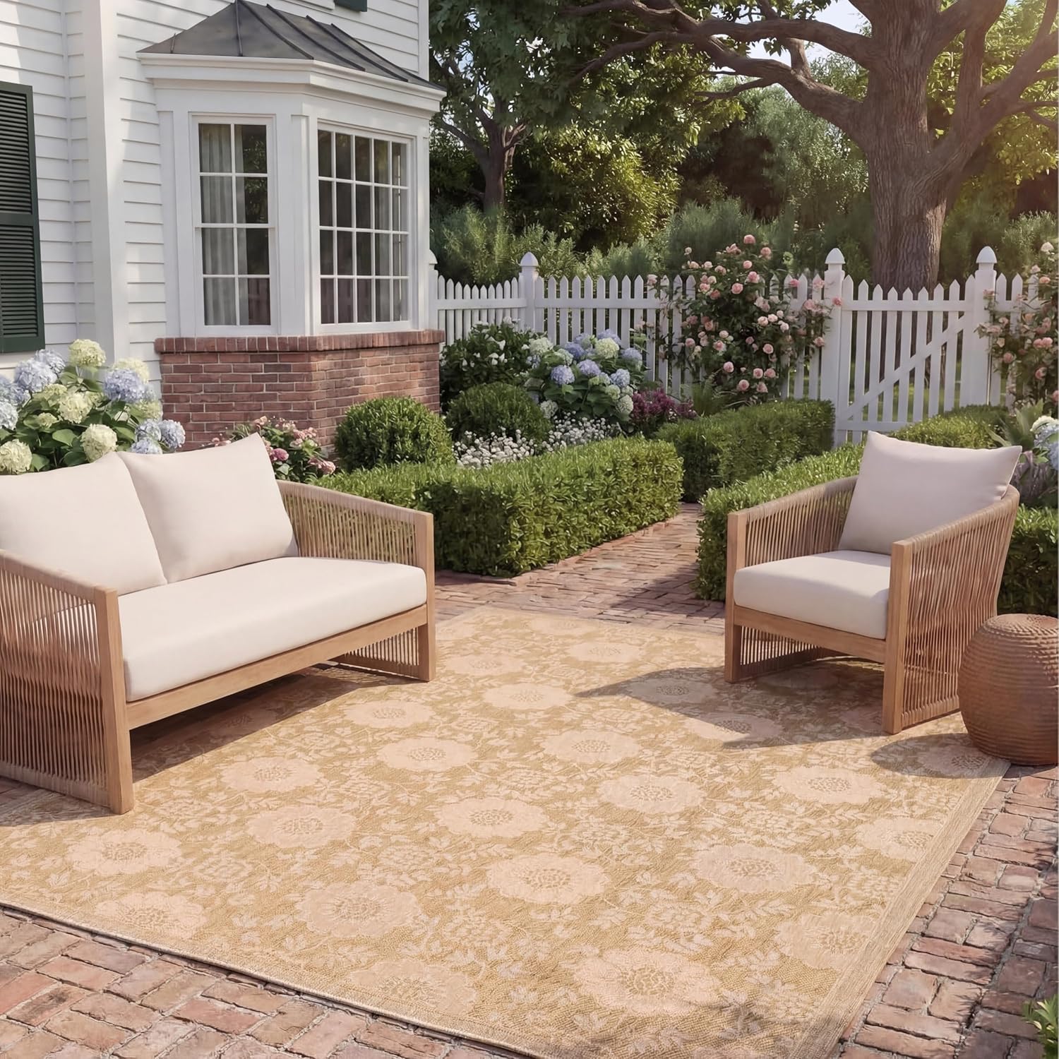 SAFAVIEH Courtyard Collection 6'7" Round Gold / Natural CY6948 Indoor/ Outdoor Waterproof Easy Cleaning Patio Backyard Mudroom Area Rug