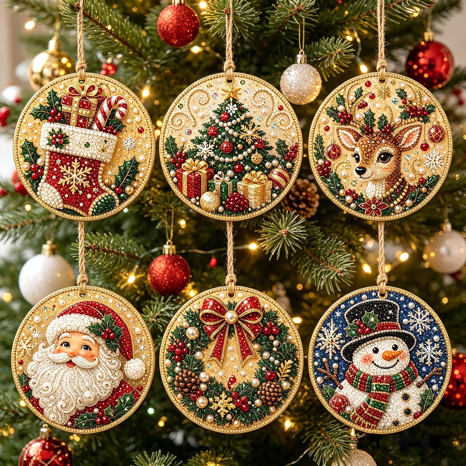Pearl Art Christmas Ornaments | 6Pcs DIY Pearl Diamond Art Kits for Adults | Wooden Hanging Craft for Christmas Tree Ornament Decor