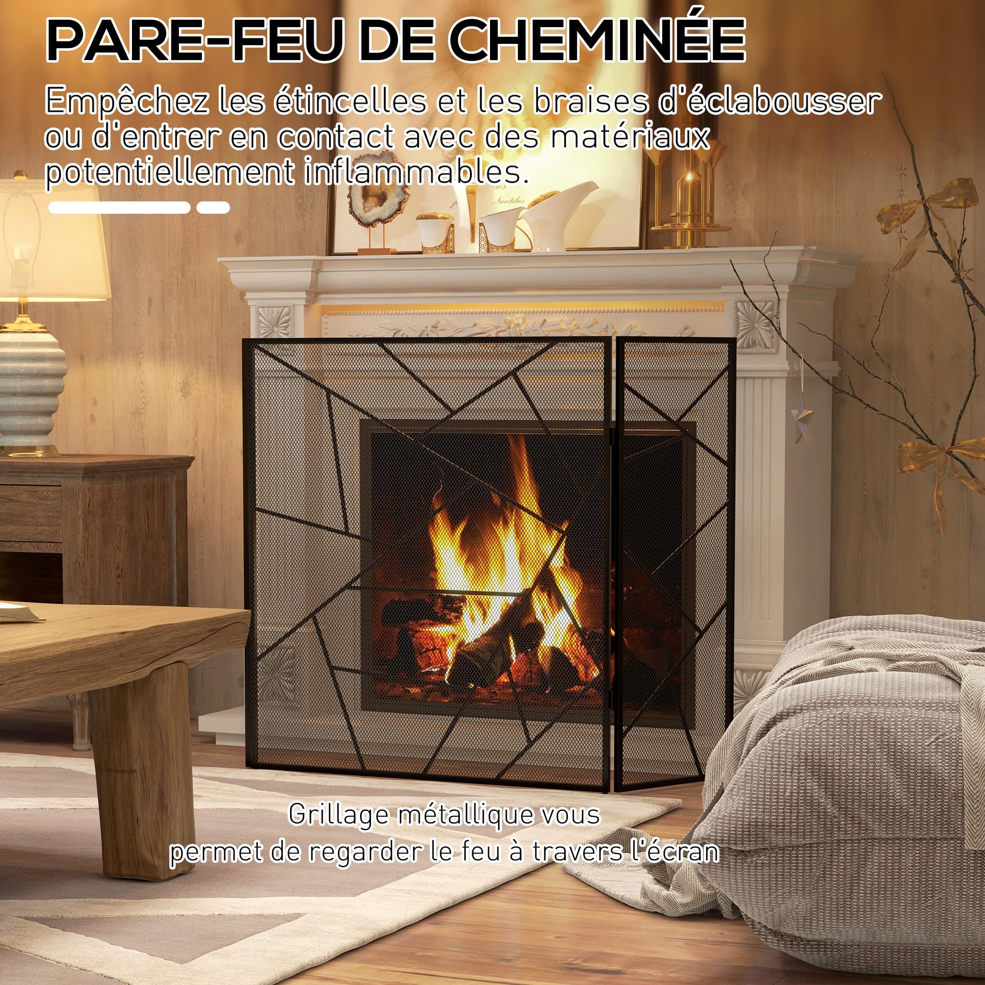 HOMCOM Pare feu cheminée Pliable 3 Panneaux, Pare-étincelles cheminée, Grille de Protection cheminée en Maille d'acier avec décor géométrique et Pieds antidérapants, 135l x 1,2P x 85H cm, Noir