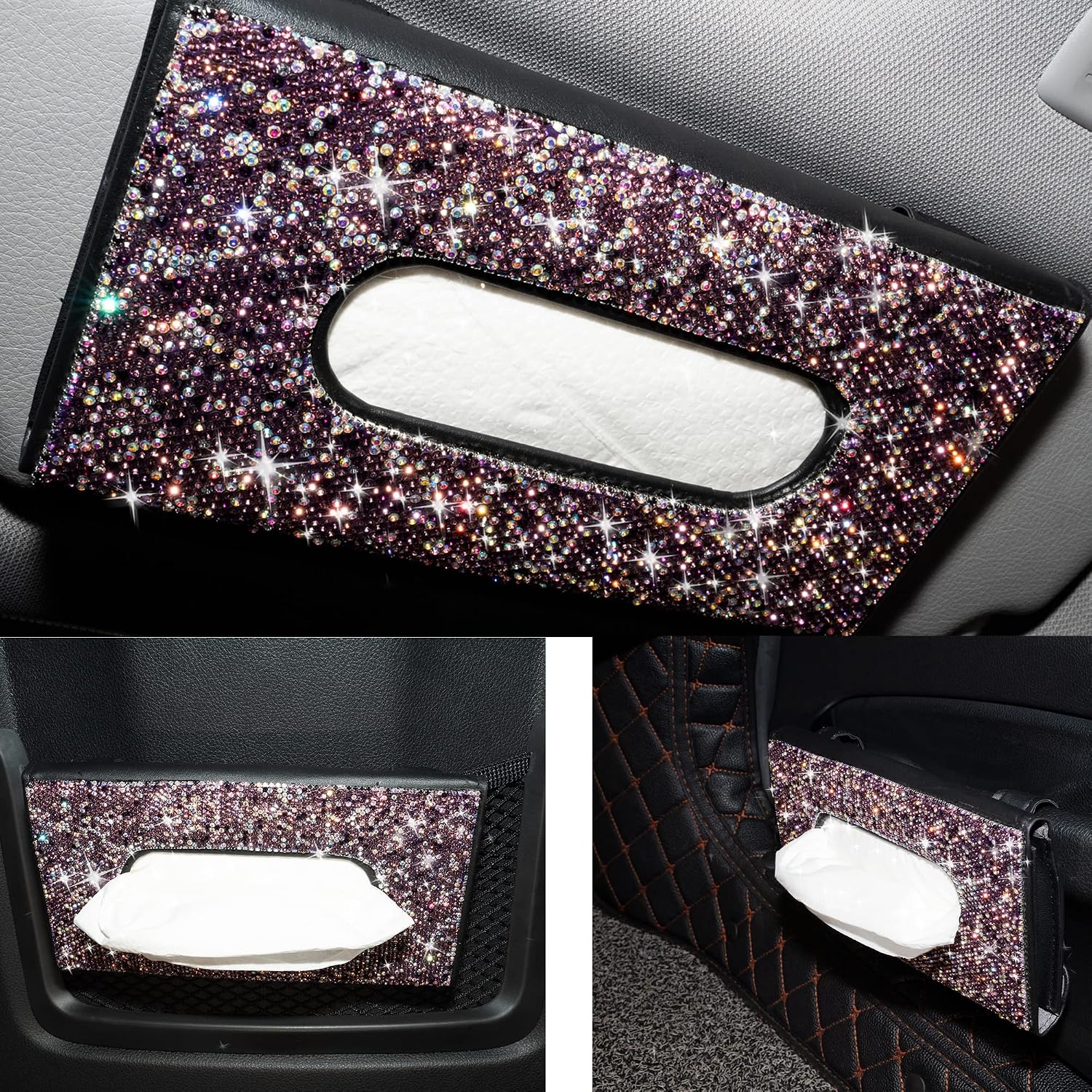 Aphbrada Bling Car Sun Visor Tissue Napkin Box Holder, Rhinestone Face Mask Dispenser for Car, Crystal Sparkling Car Interior Accessories Gift for Women Girls (Purple)