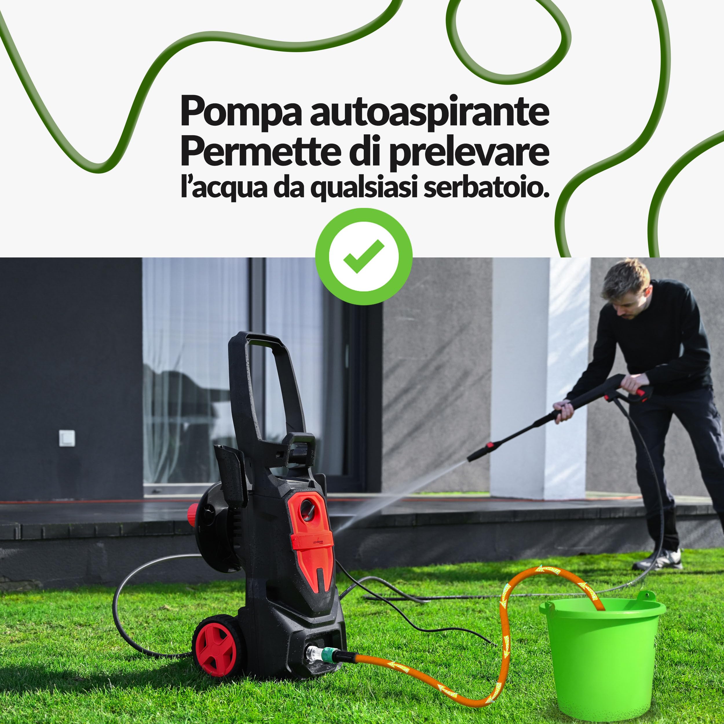 LEHMANN Denver Idropulitrice, 2200 W, max. 240 bar, Portata 480 l/h, Raggio d'azione 15 m, Pompa in alluminio, Lancia Schiuma, Ugello Regolabile et Turbo, per Auto, Esterni di Casa, Nero/Rosso