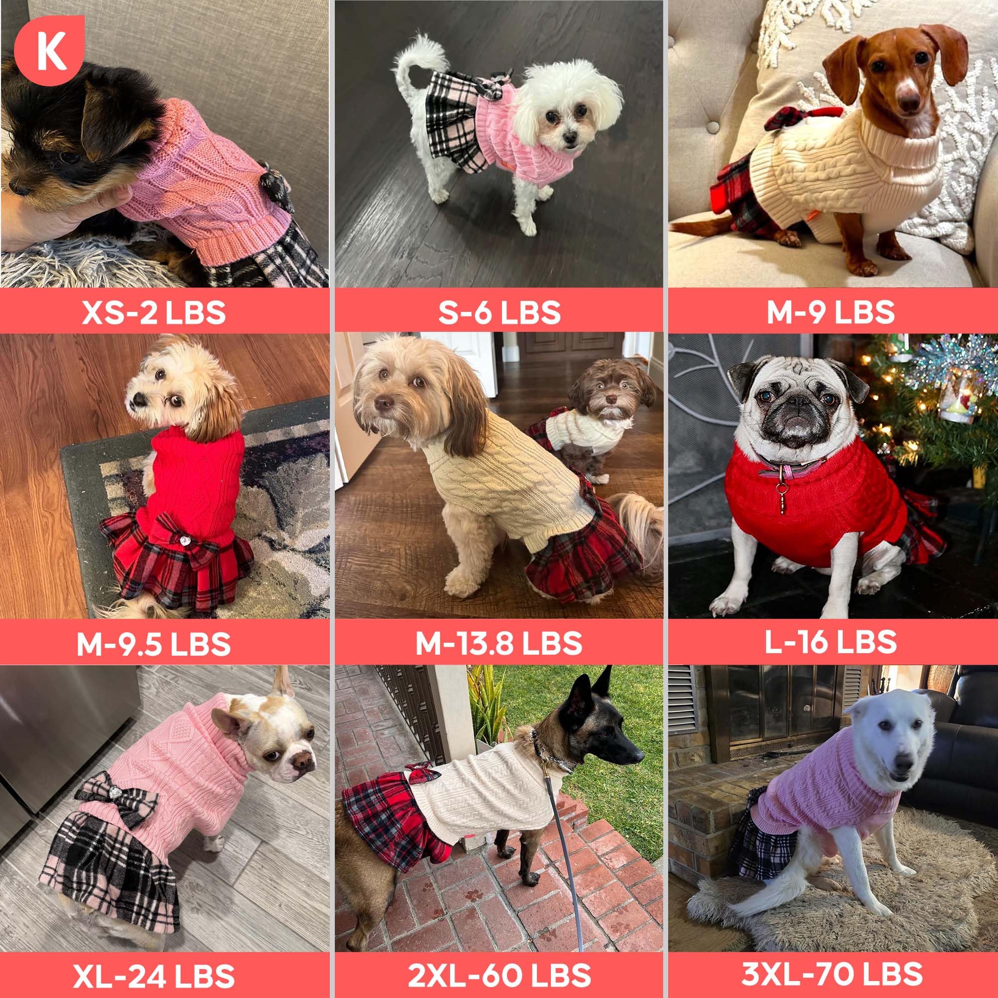 KYEESE Hundepullover Kleid mit Leine Loch Fliege Kariert Rollkragen Hundepullover für kleine Hunde Warm Haustier Pullover Schwarz