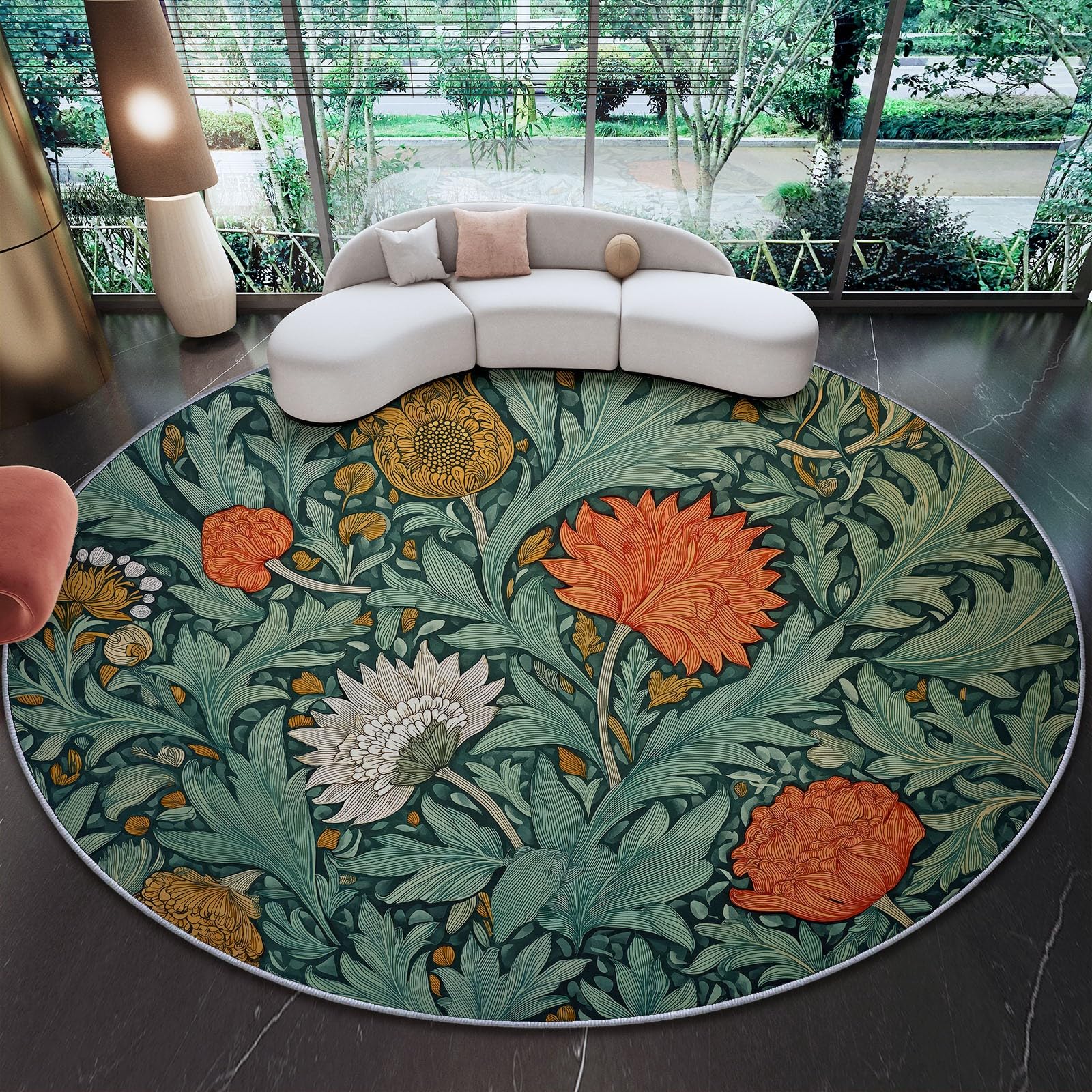 Round Rugs 60 cm (Round) For Living Room Circle Area Rugs With Retro William Morris Floral With Non Slip Backing Washable Rug For Bedroom Soft Printed Carpet For KidS Green
