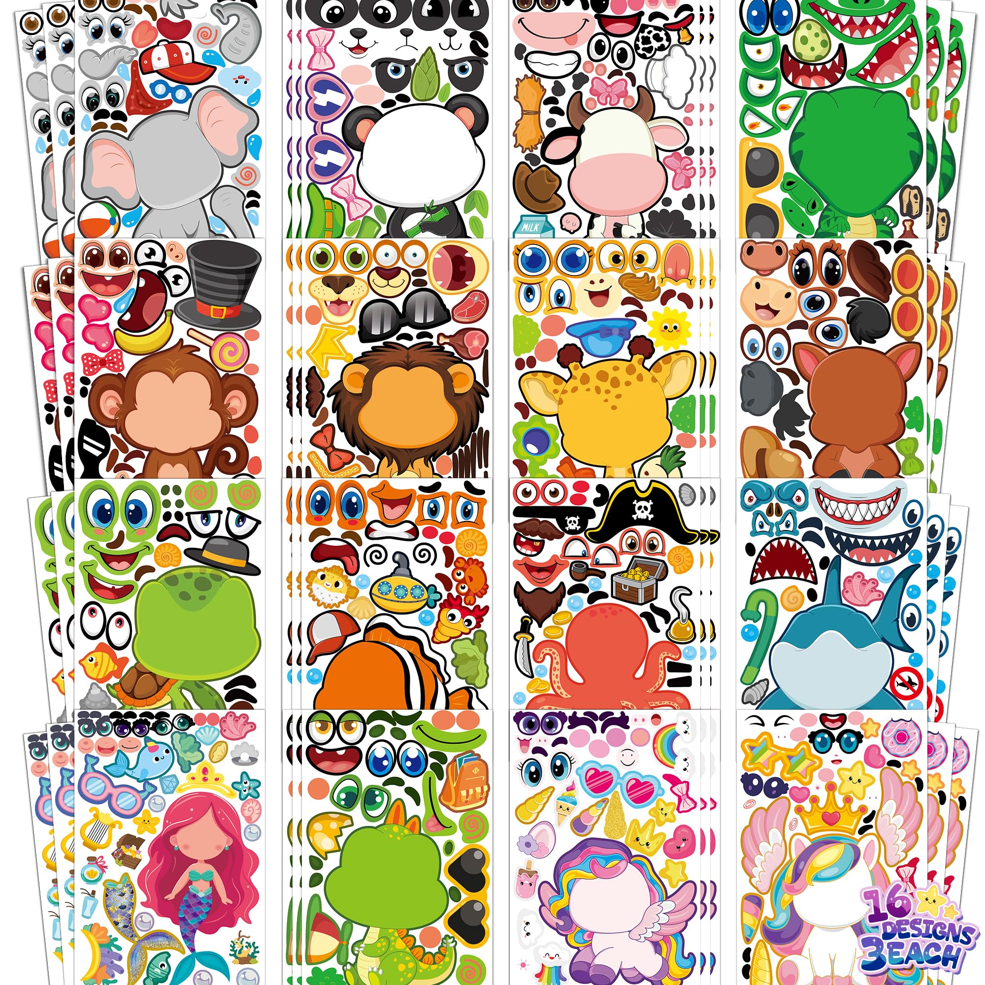 Funnlot Animal Stickers for Children,48 Sheets Make a Face Stickers with Dinosaur Unicorn Reusable Sticker Book Make Your Own Animal Face Sticker for Party Bag Fillers School Activities Kids Crafts