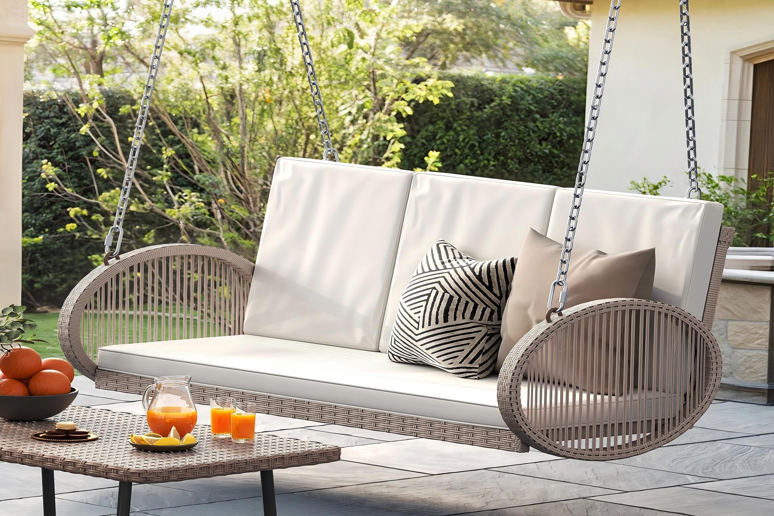 YITAHOME Hanging Porch Swing Chair Sits 2 People, Patio Swing Lounge Chair, 1 Seating & 2 Back Cushions with Removable Covers, Weight Capacity 530lbs, for Garden, Balcony, Living Room, Backyard, Beige