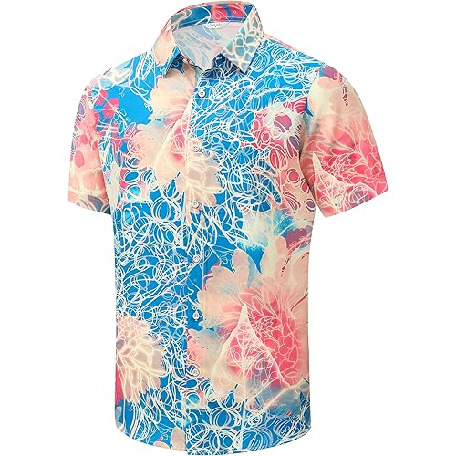 SheLucki Hawaiian Shirt for Men, Unisex Summer Beach Casual Short Sleeve Button Down Shirts, Printed Palmshadow Clothing