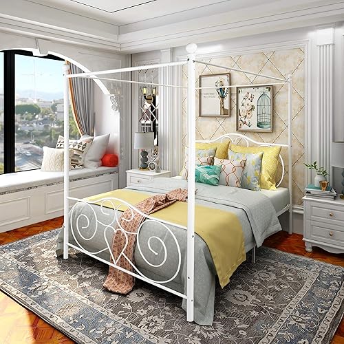 Canopy Queen Bed Frame Platform Heavy Duty Steel Slat and Support with Headboard and Footboard No Box Spring Required，White Blanco,Rosado,Negro -
