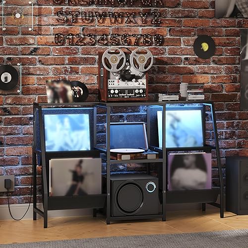 Miniatura 5 de HOOBRO Mesa de soporte para tocadiscos con luz LED, almacenamiento de discos de vinilo para 280 álbumes, estante multimedia, gabinete estéreo de