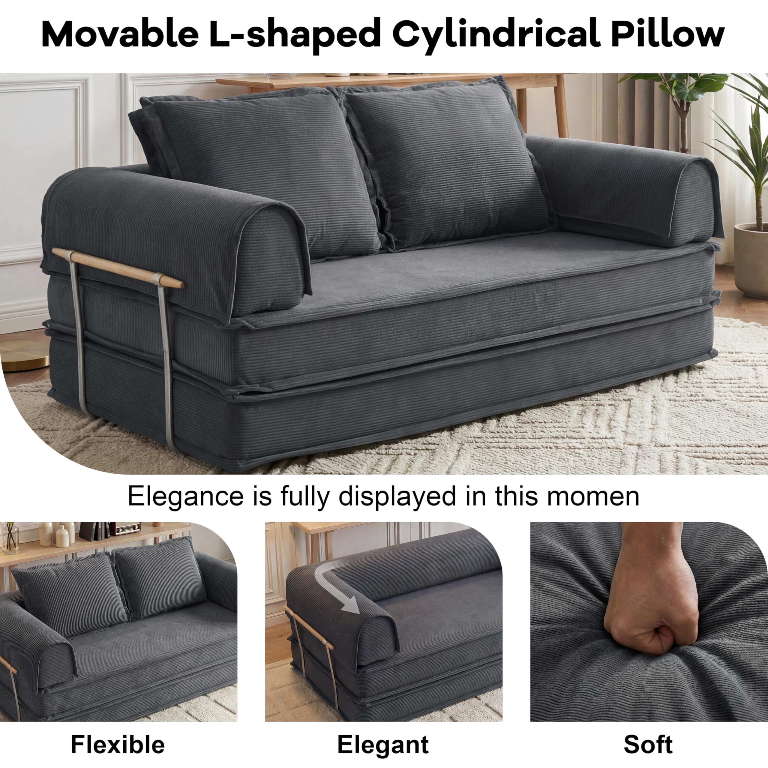 Bon Divano letto convertibile a 3 posti, divano futon in velluto a coste grigio chiaro, design modulare 5 in 1, base antiscivolo, lavabile, perfetto per soggiorno e comfort quotidiano