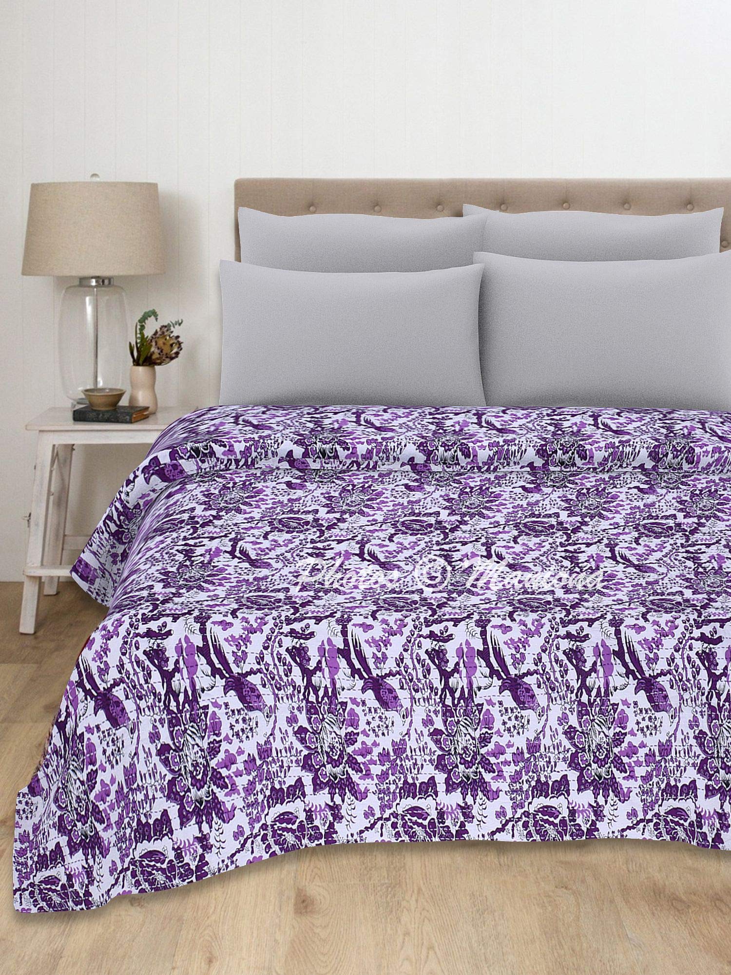 Maniona Floral Bird Design Purple Cotton Handmade Kantha Quilt Twin Size Kantha Throw