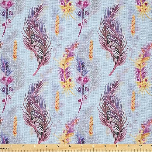 Miniatura 31 de Ambesonne The Yard, tela de plumas de pavo real, diseño retro ondulado de colores ondulados en la parte trasera morada, tela de microfibra para