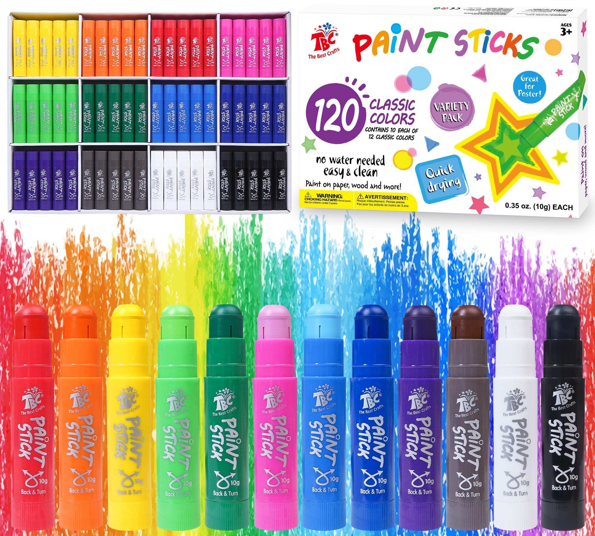 TBC The Best CraftsPaint Sticks,120 Classic Colors, Washable, Non-toxic, Tempera Paint Sticks for Kids and Students (120 Colors（10 * 12 set)
