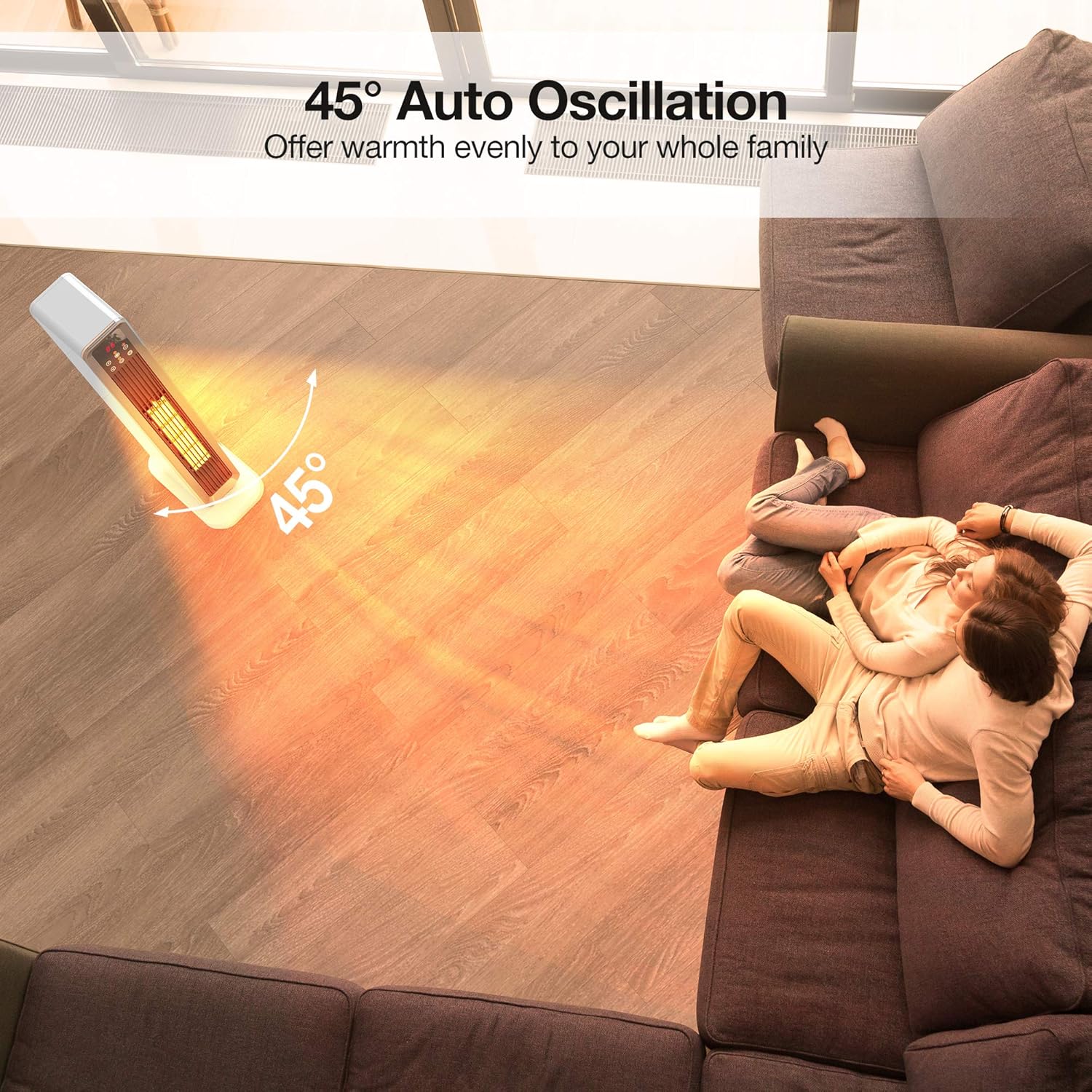 TRUSTECH KPT-91H heater performing 45-degree auto oscillation to distribute warmth evenly.