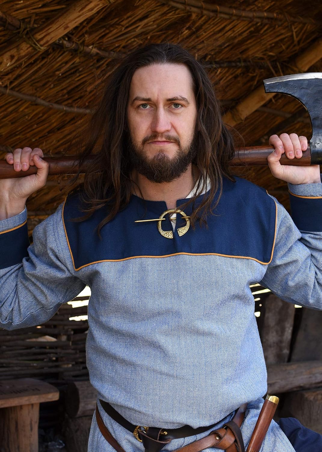 Battle-Merchant Viking Tunic Ove for Men – Herringbone Cotton Medieval Shirt, Long Sleeve Norse LARP Costume,