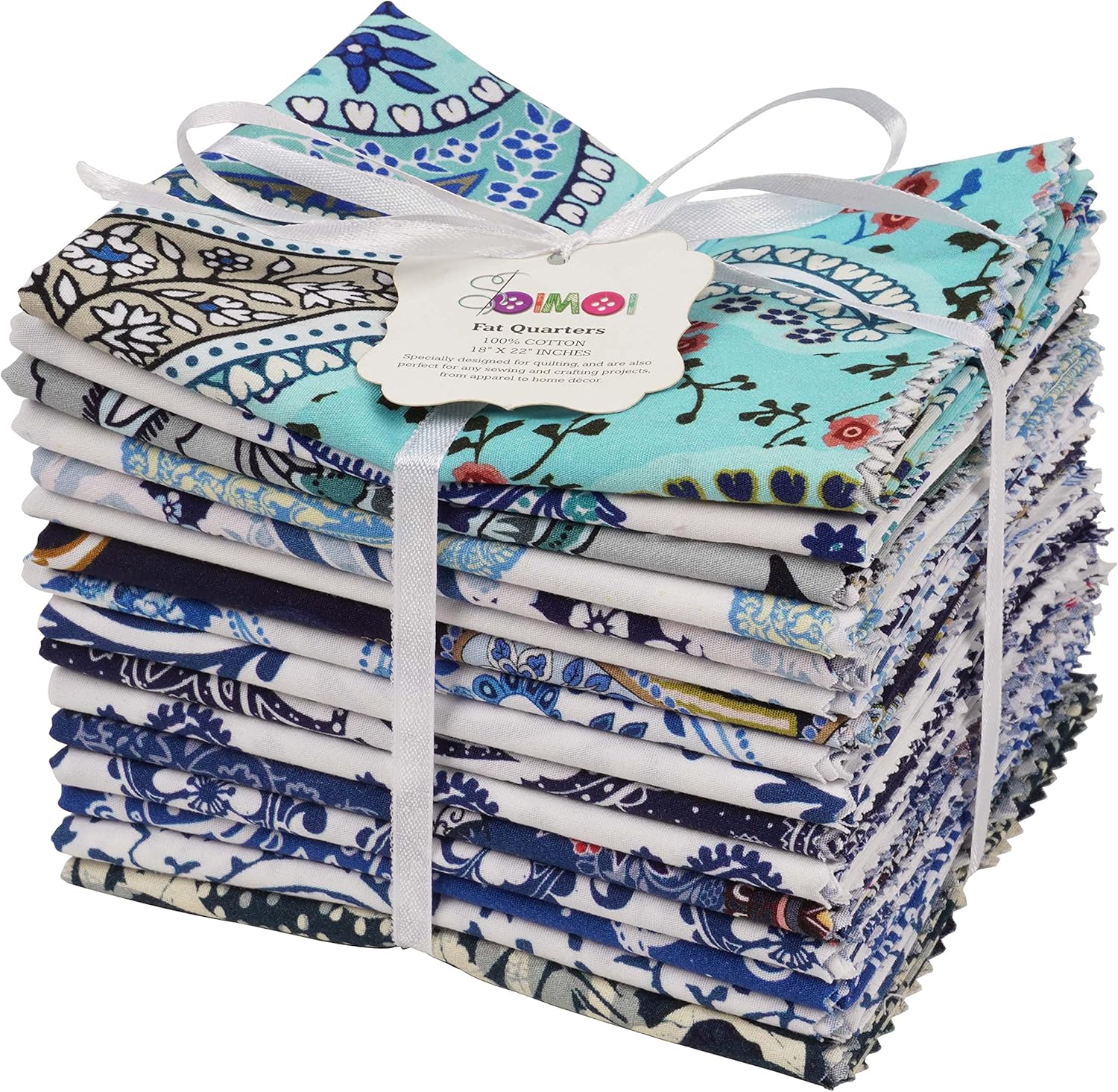 Soimoi 16 Pc Fat Quarter Bundle, Paisley Print 18"x 22" DIY Patchwork- 100% Cotton Pre-Cut Quilting Fabric Blue & White