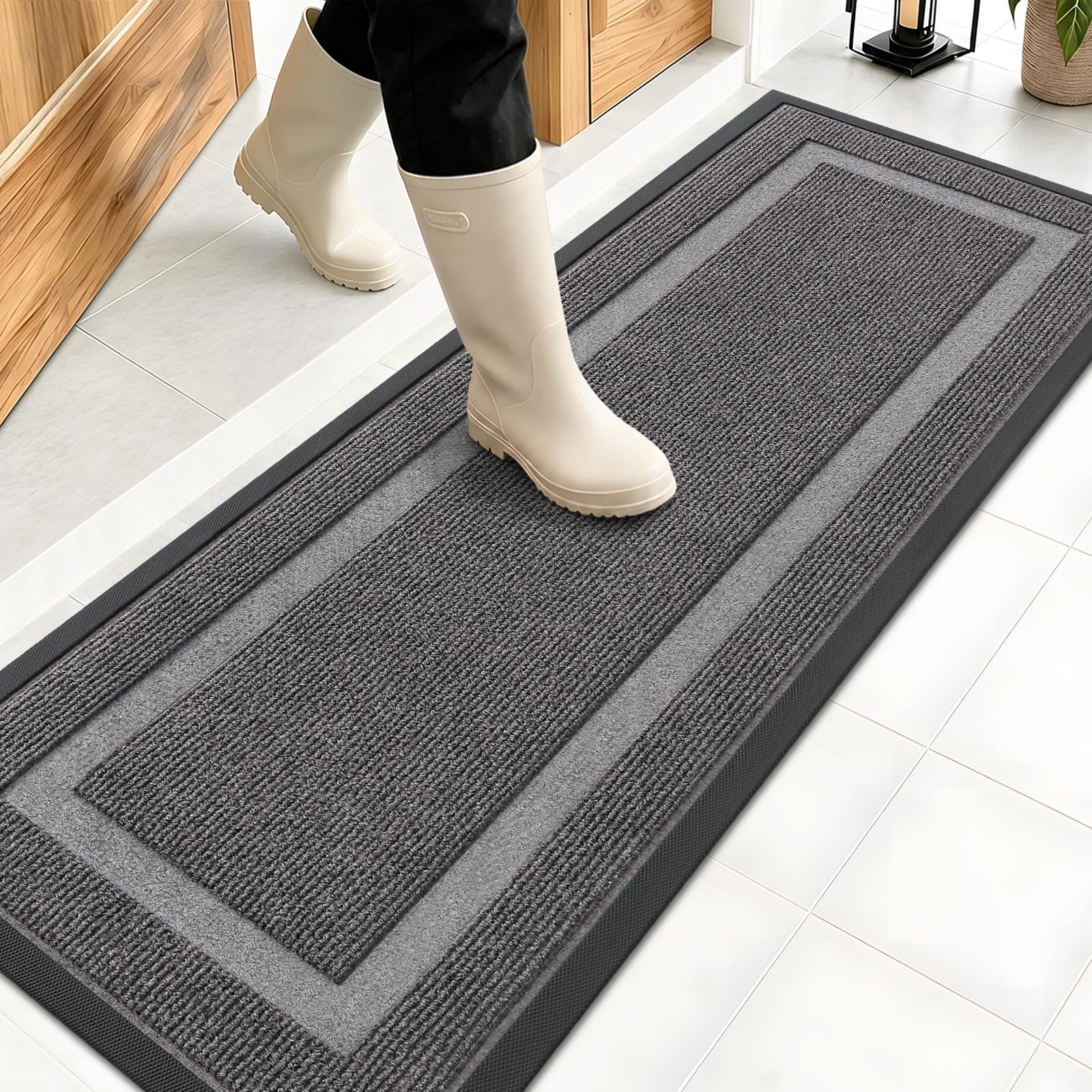 OLANLY Front Door Mat Outside 47x17, All-Season Heavy-Duty Rubber Doormat | Dark Grey, Absorbent, Stain Fade Resistant, Waterproof Non-Slip Backing, Low-Profile Indoor Outdoor Floor Mat for Entryway