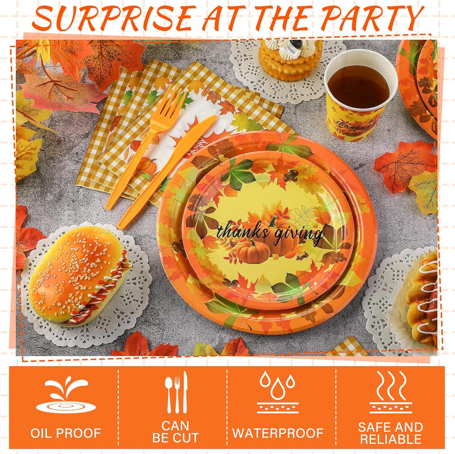 Bokon 240 Pcs Thanksgiving Paper Plates and Napkins Maple Leaf Pumpkin Party Decorations Fall Disposable Dinnerwar Includes Plates Napkins Cups Plastic Forks Knives Spoon for Harvest Celebrations