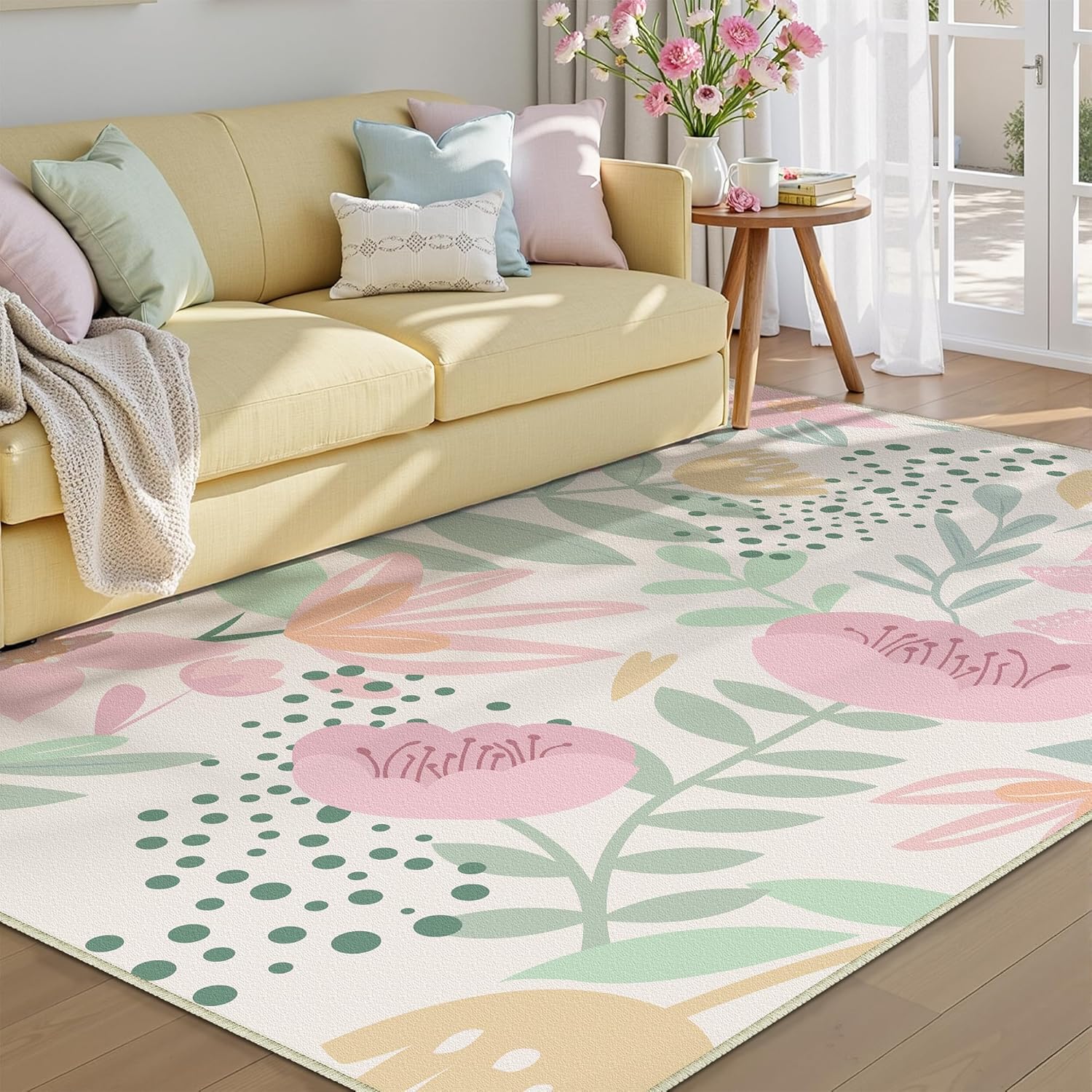 Pink Area Rug 5x7 Washable Office Boho Living Room Carpet Non Slip Kitchen Soft Cute Bedroom Botanical Indoor Accent Rug for Dining Room Nursery Bathroom Farmhouse