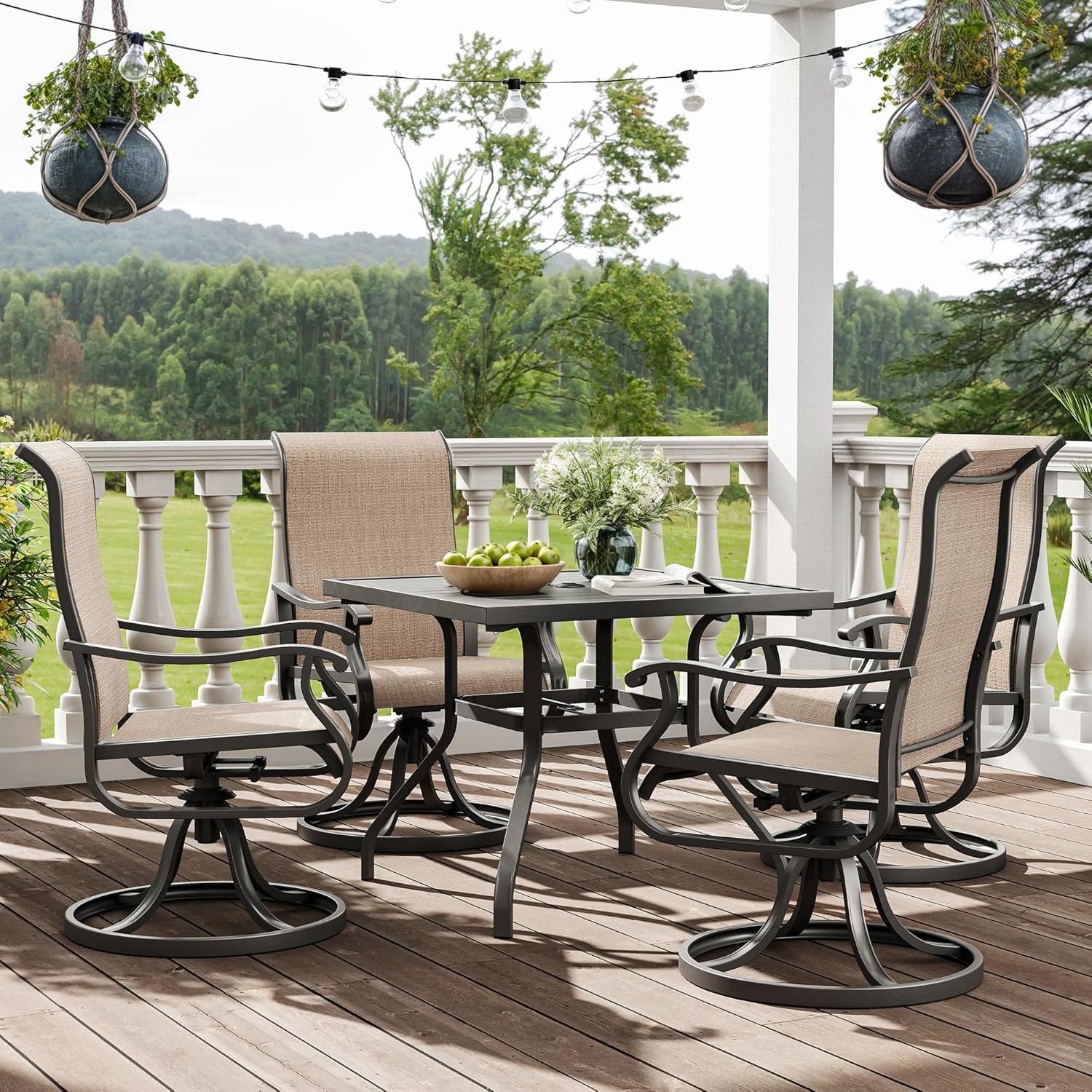 Amopatio Patio Swivel Chairs Set of 4, Outdoor Swivel Rocker Dining Chairs with All Weather Textilene High Back & Metal Frame, for Backyard Deck Lawn, Brown