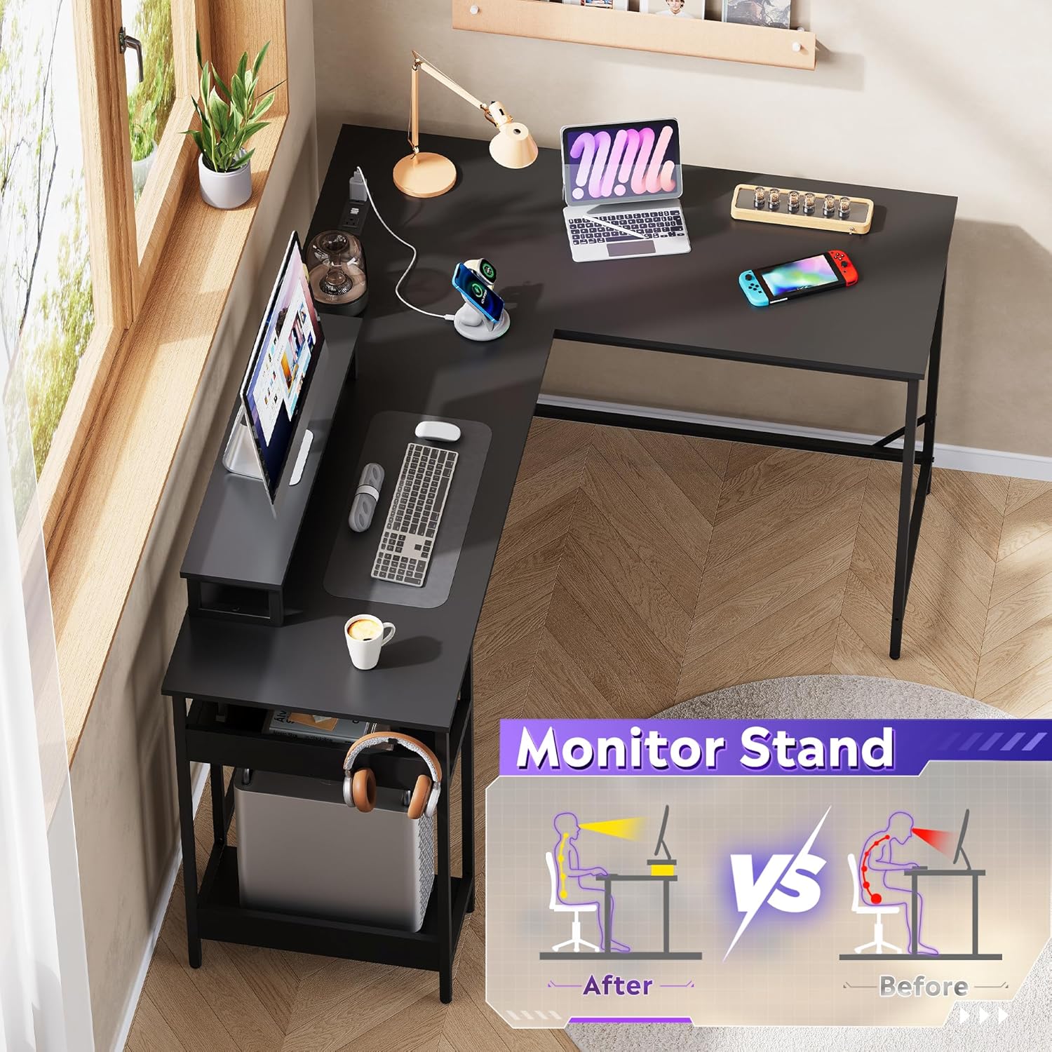 DEVAISE 60 Inch L Shaped Gaming Desk with LED Lights & Power Outlets, Corner Desk for Small Spaces, Sturdy PC Computer Table with Storage for Home Office, Black