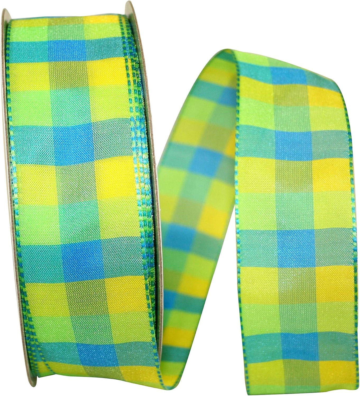 Reliant Ribbon Plaid Bright 3 Value Wired Edge Ribbon, 1-1/2 Inch X 50 Yards, Blue/green