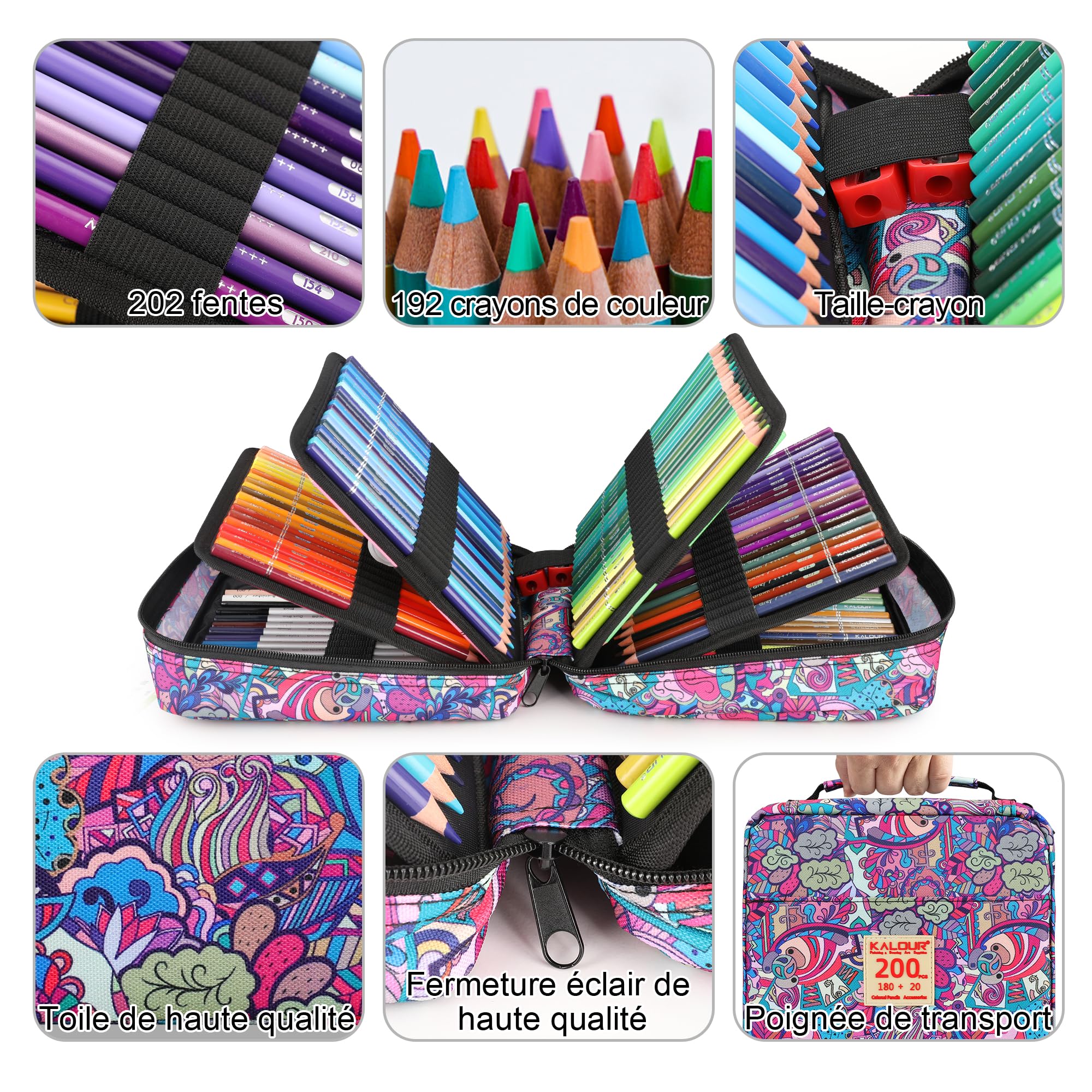 KALOUR PDAS Lot de 200 crayons de couleur pour livres de coloriage pour adultes avec tutoriel et nuancier, 180 crayons de couleur pour artistes, 12 crayons aquarelle, fournitures artistiques