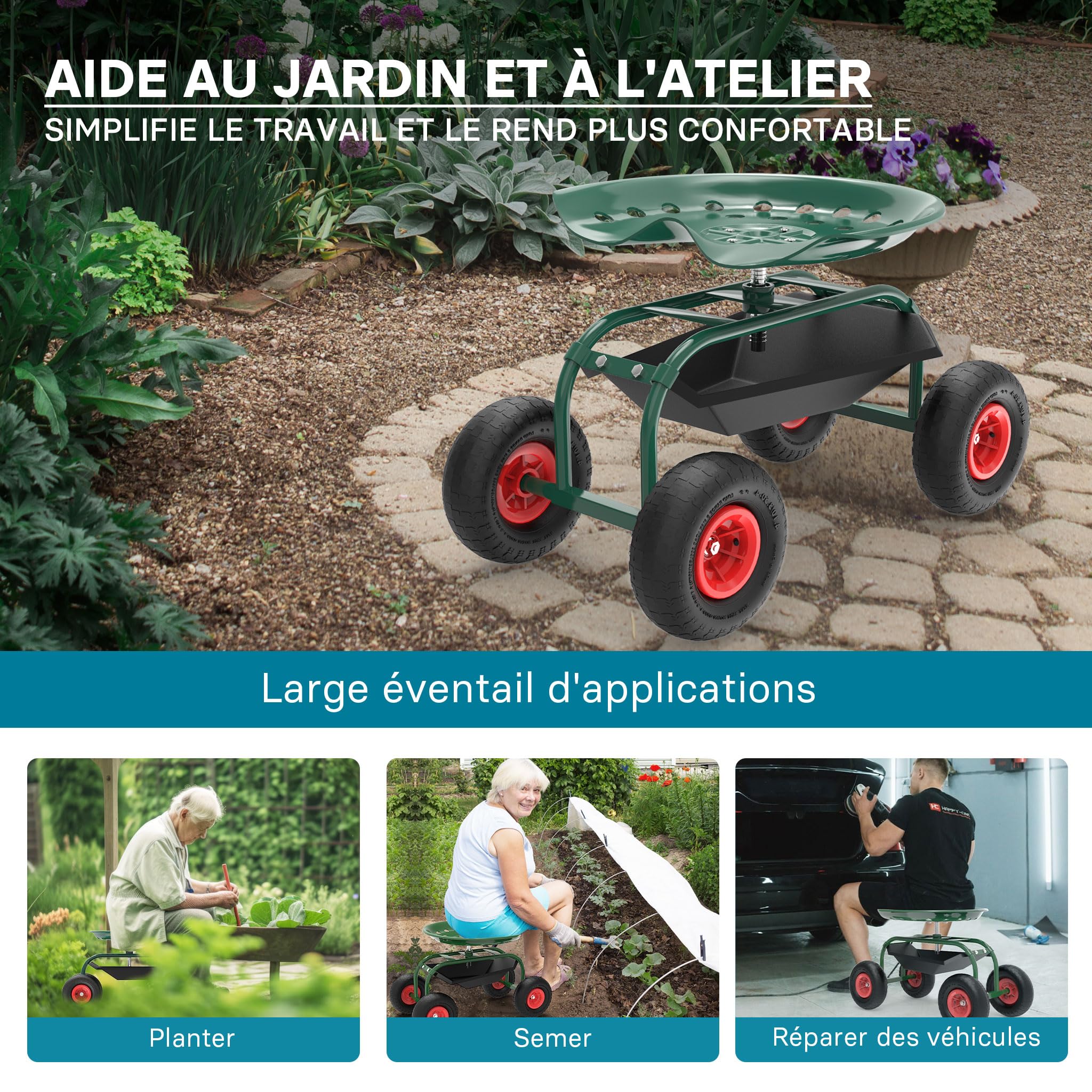 WilTec Siège de Jardin sur Larges Roues Charge 150kg Max. Chariot Coulissant Jardinage Repose-Genoux Outil