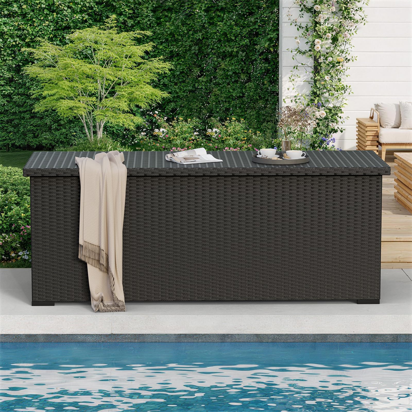 Amopatio Boîte de rangement étanche 870 l, en polyrotin, boîte de rangement en métal avec vérins à gaz, résistant aux intempéries, pour jardin, balcon, noir