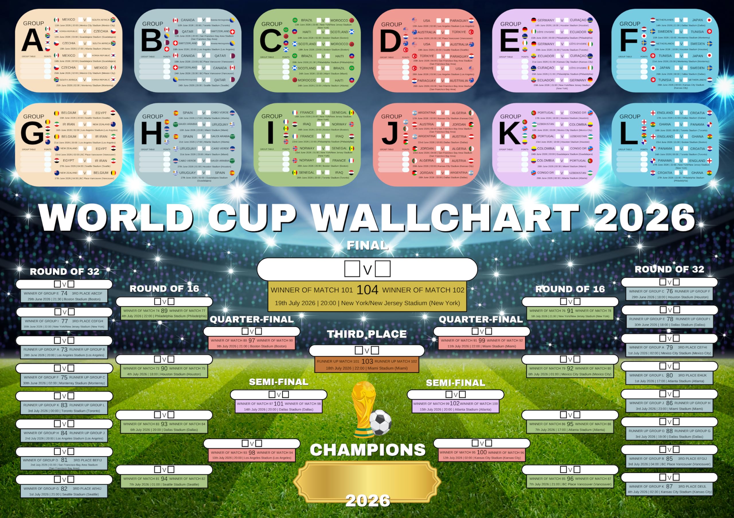 Second Ave World Football Soccer Wall Chart 2026 USA America Championship Tournament Cup Schedule Tracking Planner Poster (A3 Size)