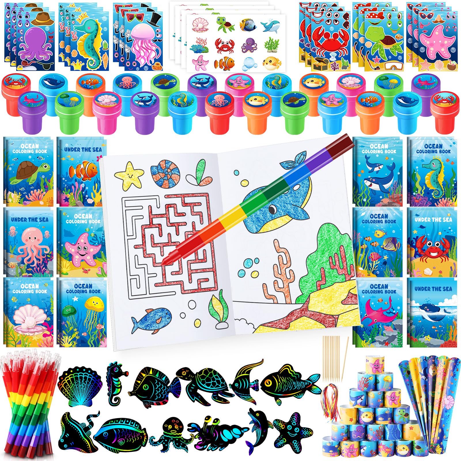 BenLouis 96Pcs Under the Sea Party Favors Ocean Animals Party Coloring Books Set Bulk for Kids Sea Fish Birthday Mermaid Party Goodie Bag Fillers School Classroom Gift Rewards Activity Supplies