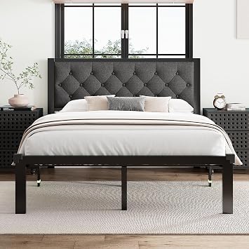 Einhomn Queen Size Bed Frame, Metal Platform Bed Frame with Button Tufted Linen Upholstered Headboard, Sturdy Steel Slats, 12" Underbed Storage, No Box Spring Needed, Dark Grey
