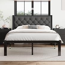 Einhomn Queen Size Bed Frame with Linen Upholstered Headboard, Metal Platform Bed Frame with Storage, Heavy Duty Noise Free Steel Slats, No Box Spring Needed, 12" Underbed Space, Grey