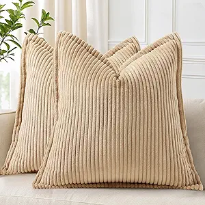 decorUhome Corduroy Light Brown Throw Pillow Covers 20x20 Set of 2 Decorative Soft Boho Striped Neutral Euro Farmhouse Couch Pillow Cases with Broadside for Living Room Bed Sofa