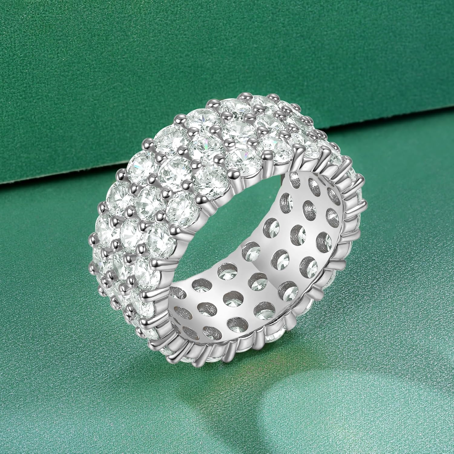 18K White Gold Plated Round-Cut Cubic Zirconia All-Around Band Ring Cocktail Jewelry for Women and Men - Image 2