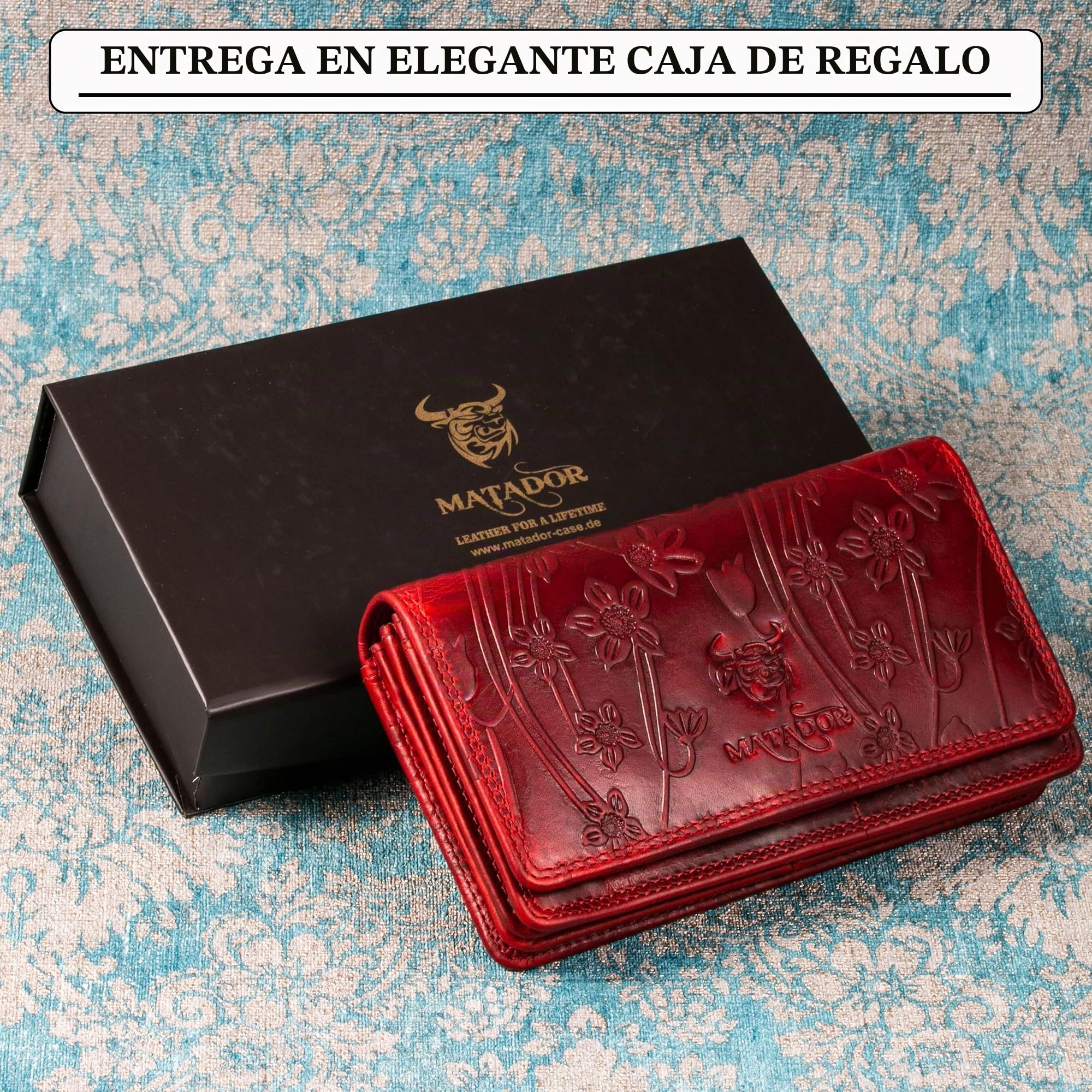Matador Cartera de Mujer de Piel roja #Venecia con Elegante Caja de Regalo, Elegante Cartera para Mujer, tamaño Mediano con Bloqueo RFID, Cartera de Lujo para Mujer, tamaño Mediano, Muchos