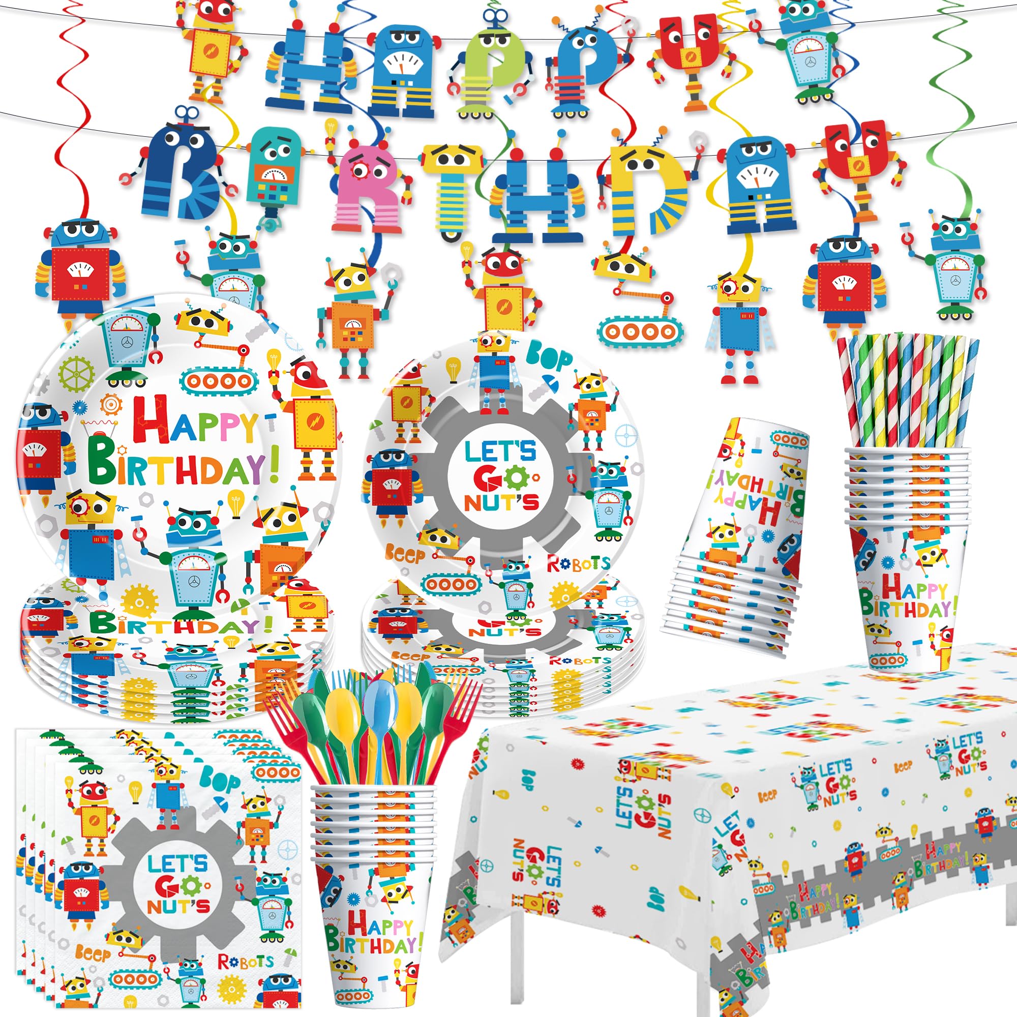Robot Birthday Party Supplies, Let's Go Nuts Theme Robot Party Decorations for Birthday Baby Shower, Paper Plate, Cup, Napkin, Swirls, Banner, Tablecloth, Cutlery, Serves 24