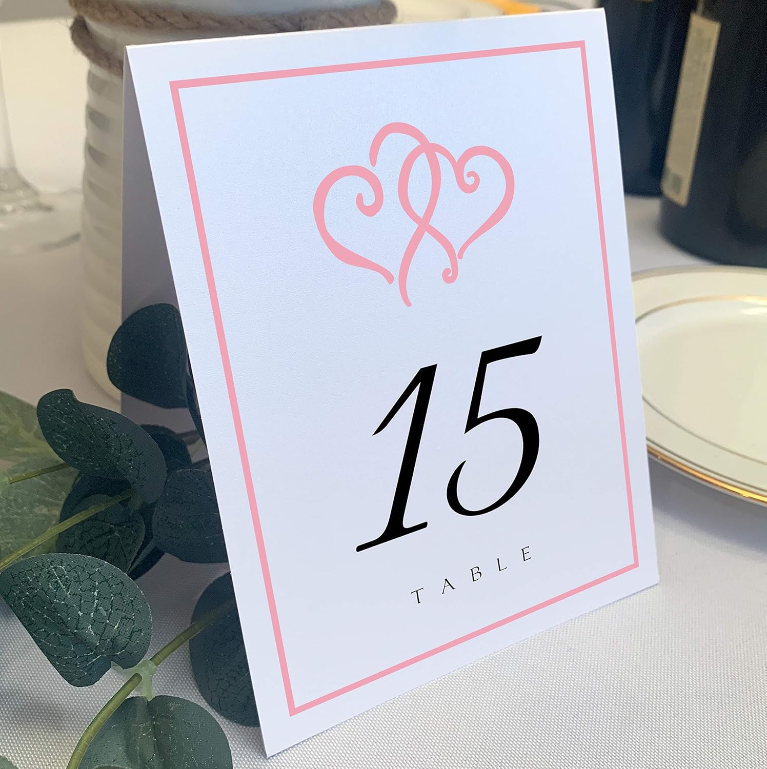 Linked Hearts and Border Wedding Table Numbers (Select Color/Quantity), White, Gold, 1-20, Double Sided, Tent or Use in a Stand, Great for Parties & Restaurants
