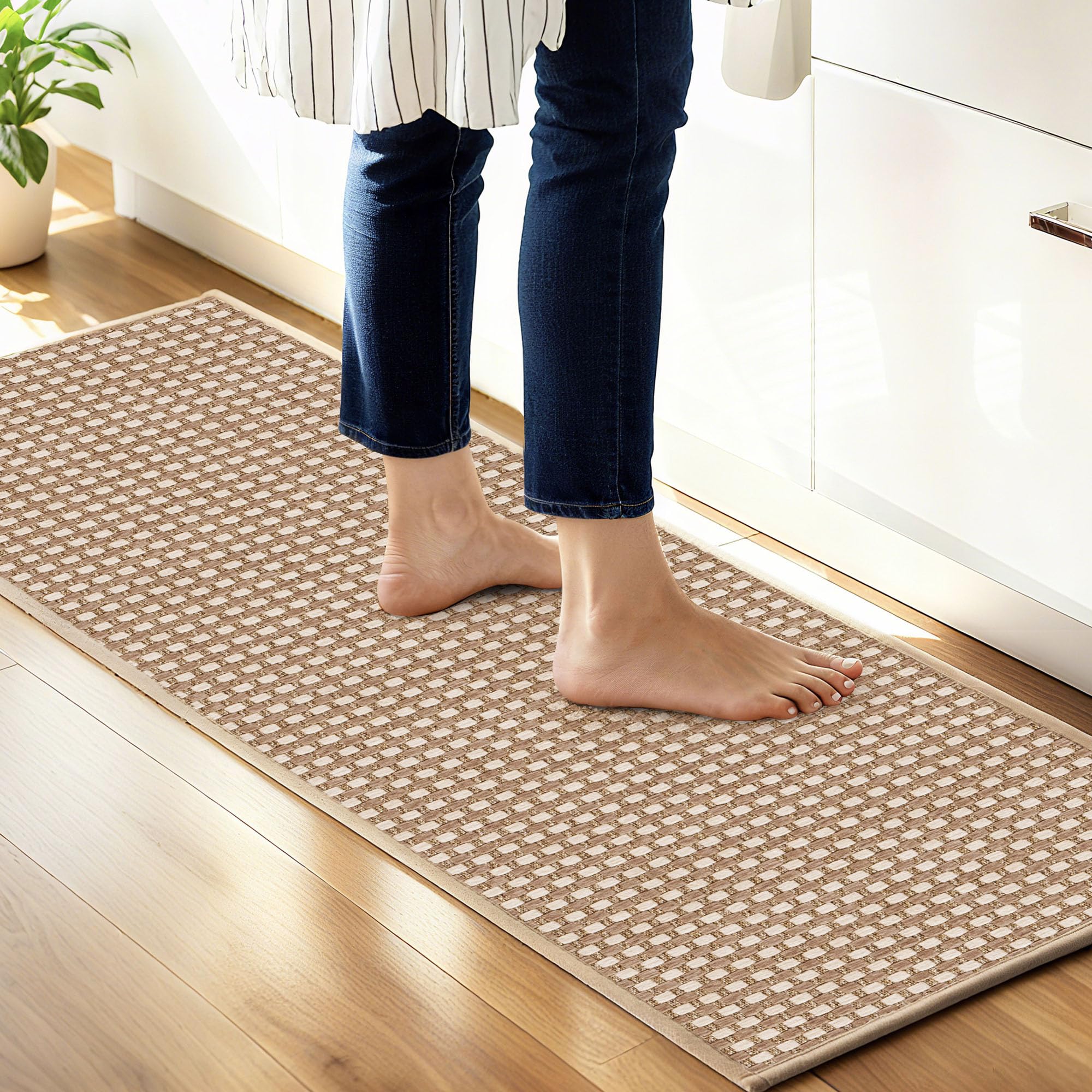 Carvapet Kitchen Mats for Floor, Super Absorbent Kitchen Rugs Non Slip Washable, Rubber Backing Soft Chenille Braided Kitchen Floor Mat Standing Mat Sink Mat(Brown Checkered,43 * 90cm) โ image 1