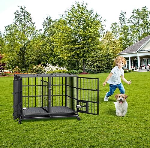 Jaula para perros resistente de 42 pulgadas, jaula de metal grande para perros medianos y grandes con puertas dobles, ruedas con bloqueo de 360,