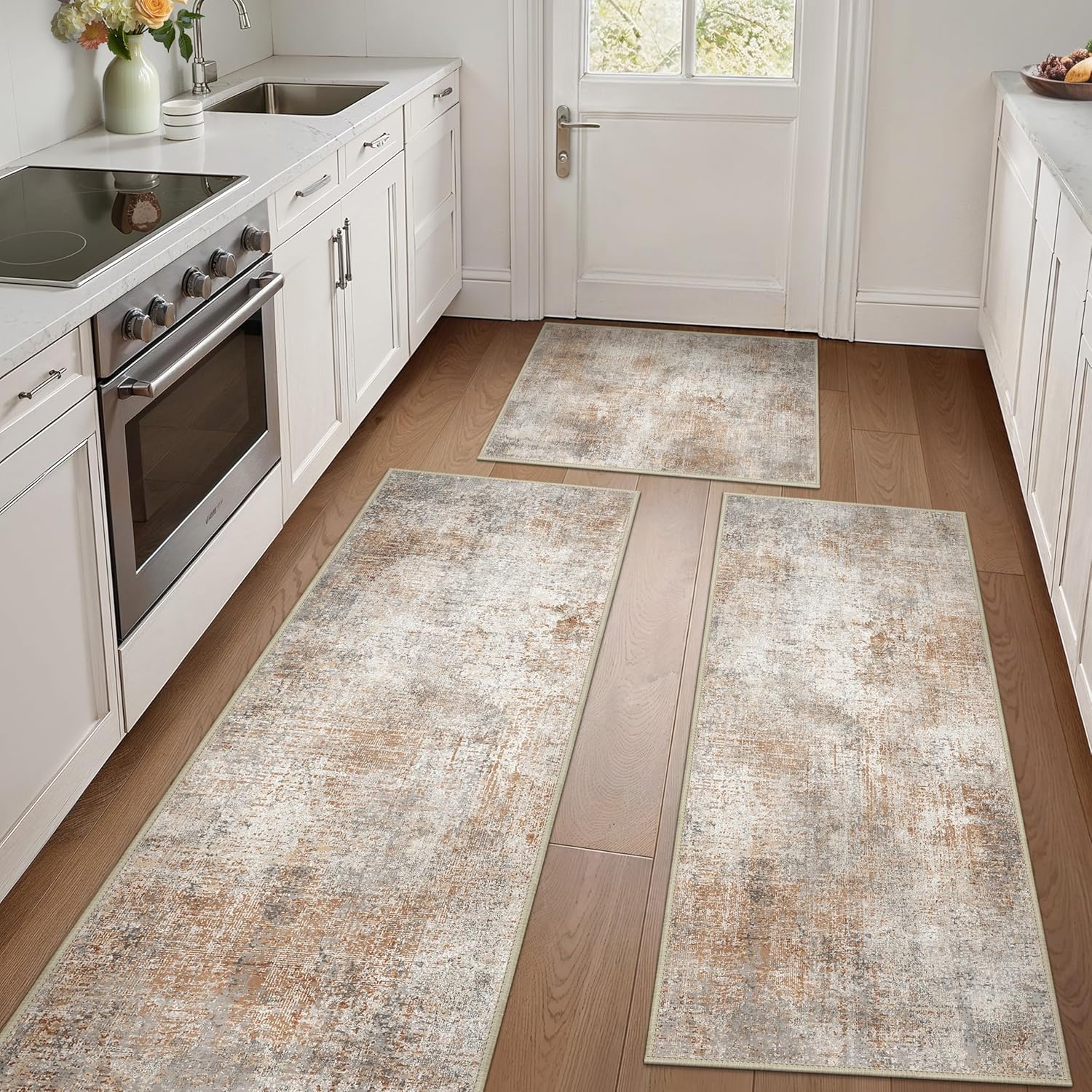 GENIMO Kitchen Rugs Sets of 3 Non Slip Washable Kitchen Mats for Floor, Waterproof Abstract Kitchen Runner Rug, Floor Mat Carpet for Hallway, Laundry, Sink, Entryway, Bathroom, Clay