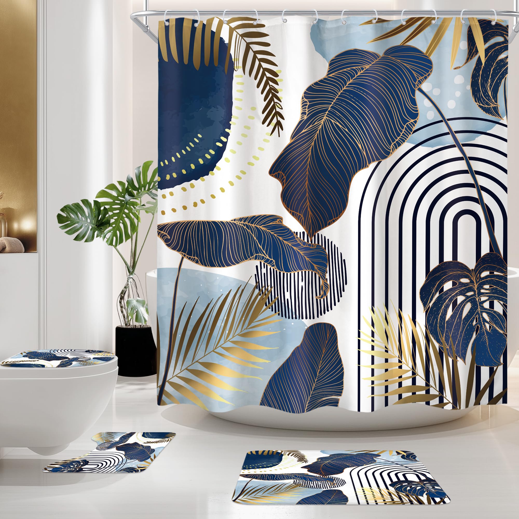 Blue Boho Modern Tropical Gold 4Pcs Bathroom Shower Curtain Set with Rugs — image 1