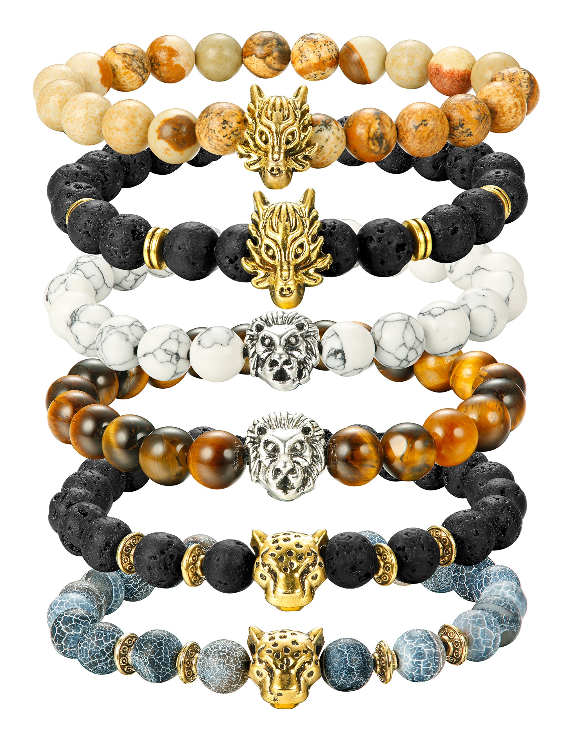 FINREZIO6PCS Mens Bead Bracelets Set Dragon/Lion/Panther Charm Lava Rock Natural Stone Bracelet, 8MM
