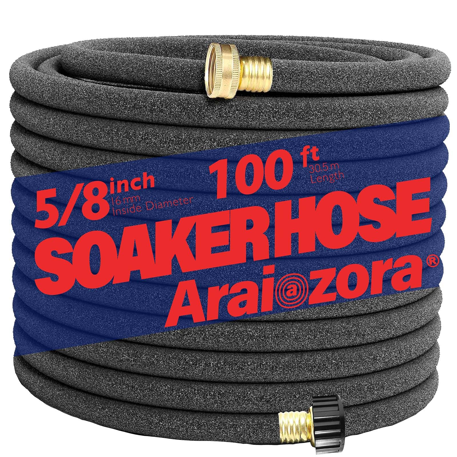 Araiozora Soaker Hose 100FT, 5/8“ Heavy Duty Ruber Round Soaker Hoses with Solid Brass Connector for Flower Bed&Yard,Landscaping